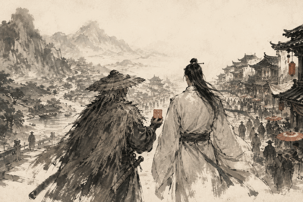 AI 入企陪跑水墨插画